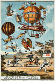 Utopian flying machines of the previous century, France, 1890-1900 (chromolithograph trading card).